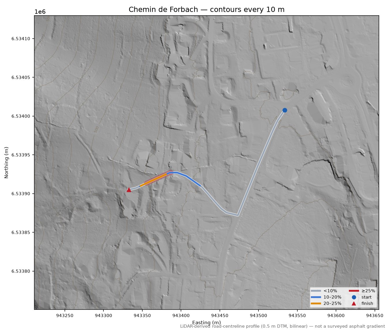 Chemin de Forbach LiDAR hillshade map with contours