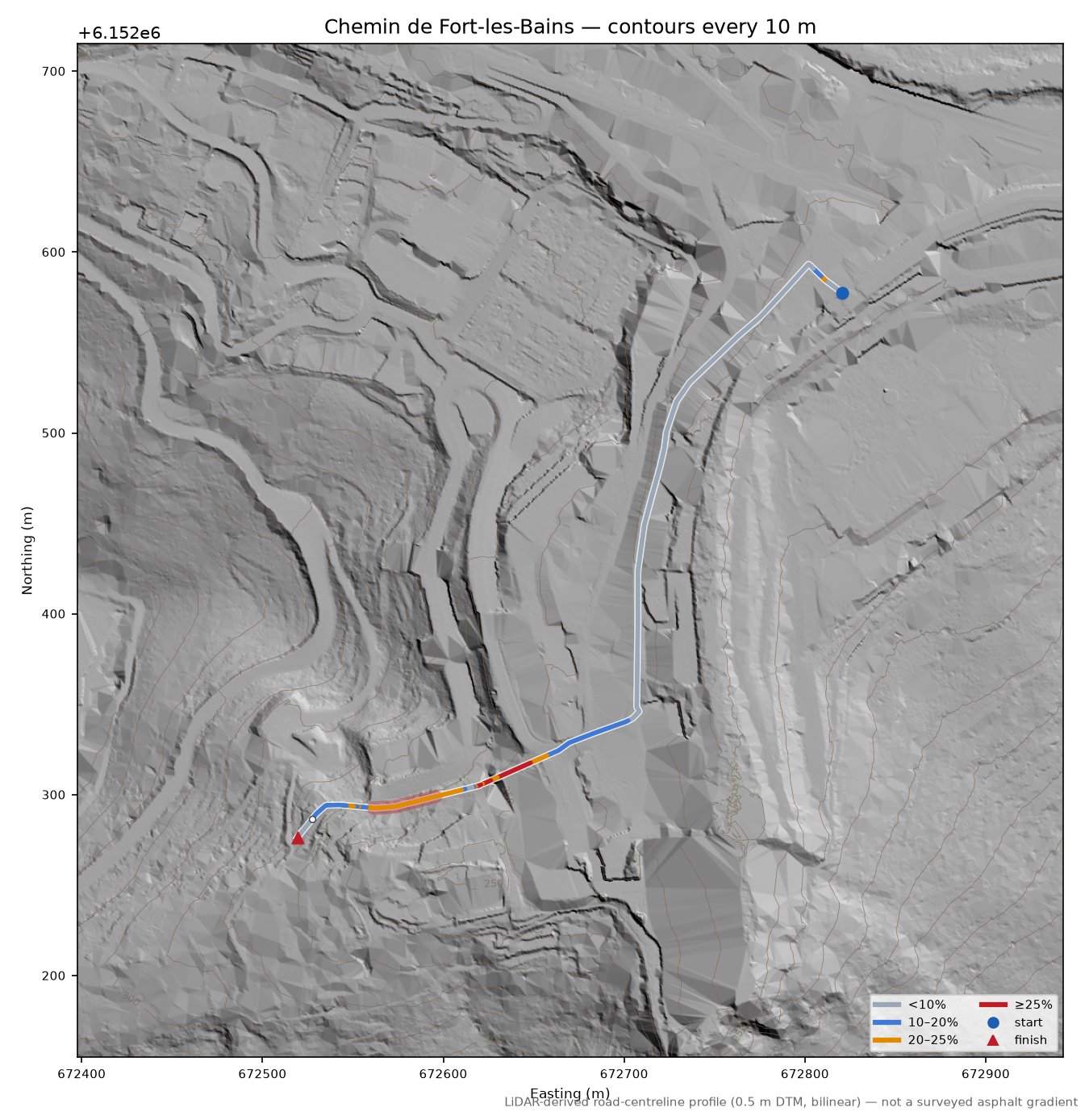 Chemin de Fort-les-Bains LiDAR hillshade map with contours