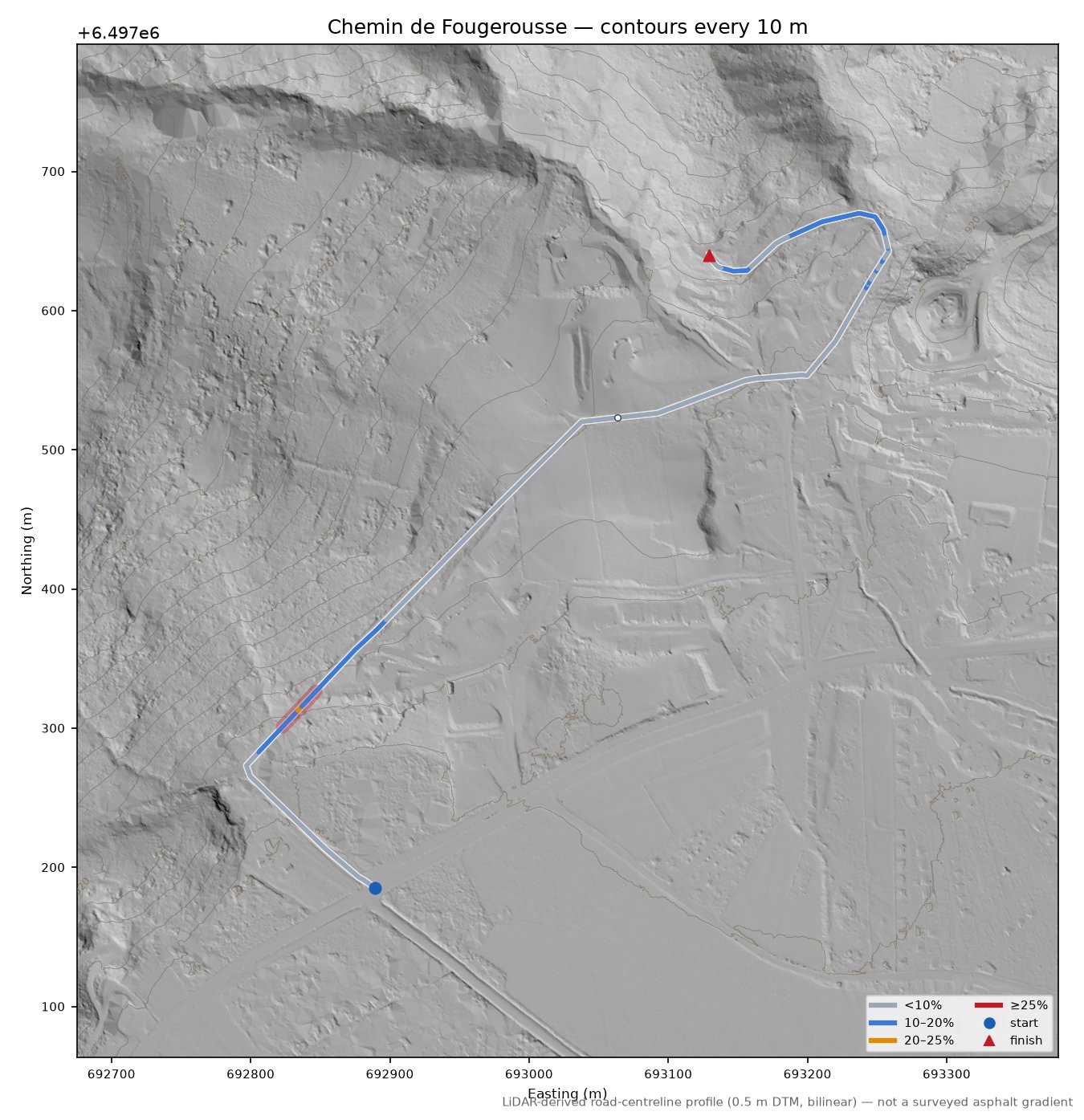 Chemin de Fougerousse LiDAR hillshade map with contours