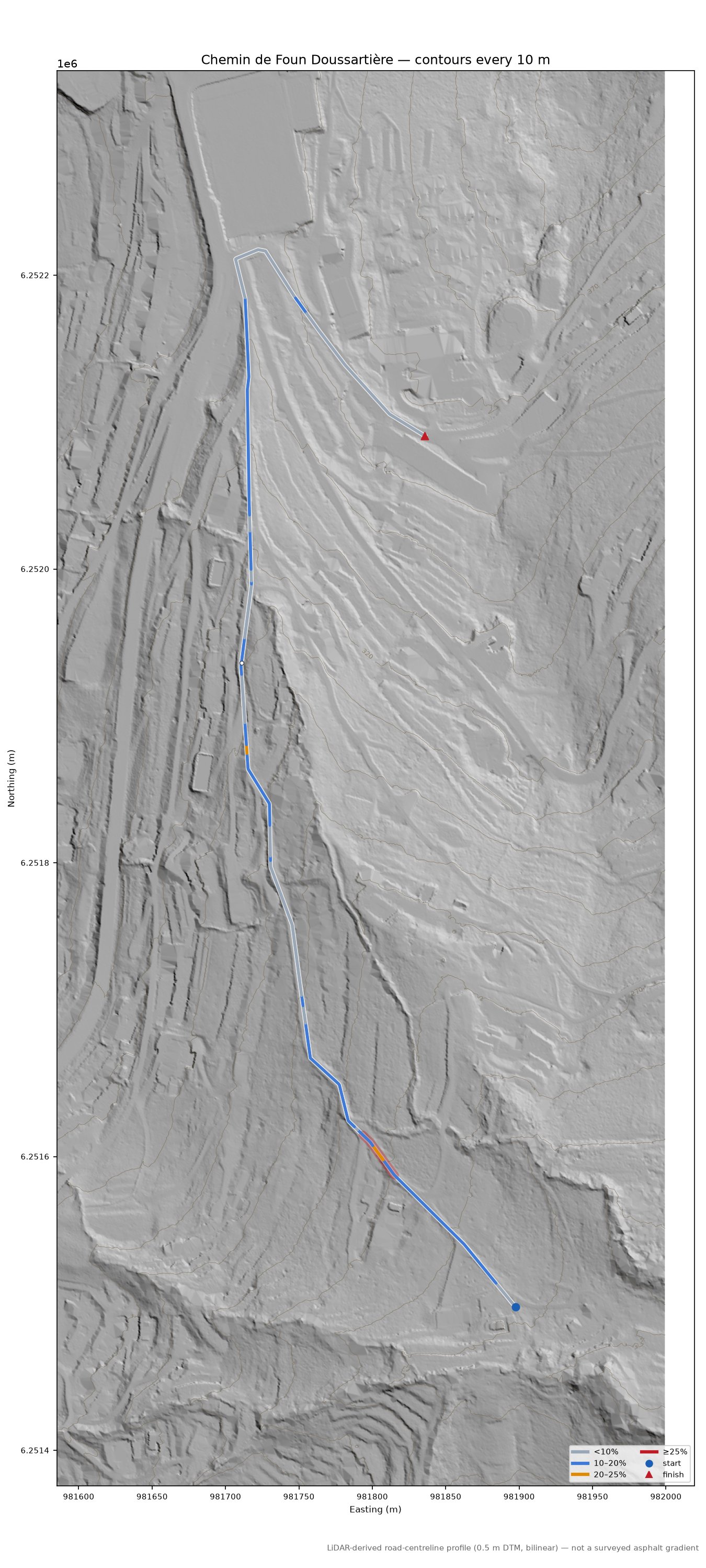 Chemin de Foun Doussartière LiDAR hillshade map with contours