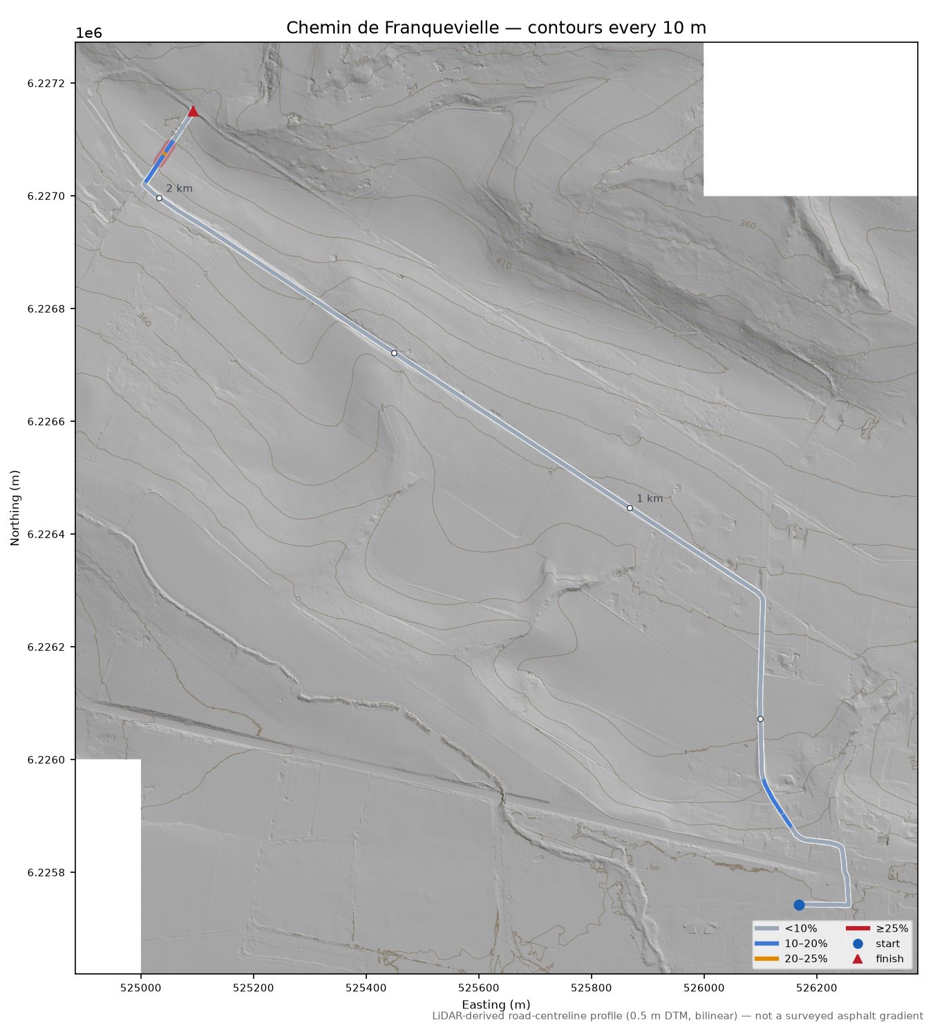 Chemin de Franquevielle LiDAR hillshade map with contours