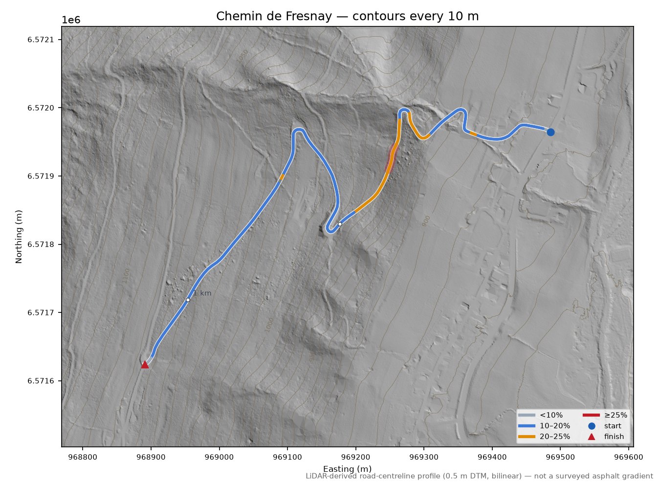 Chemin de Fresnay LiDAR hillshade map with contours