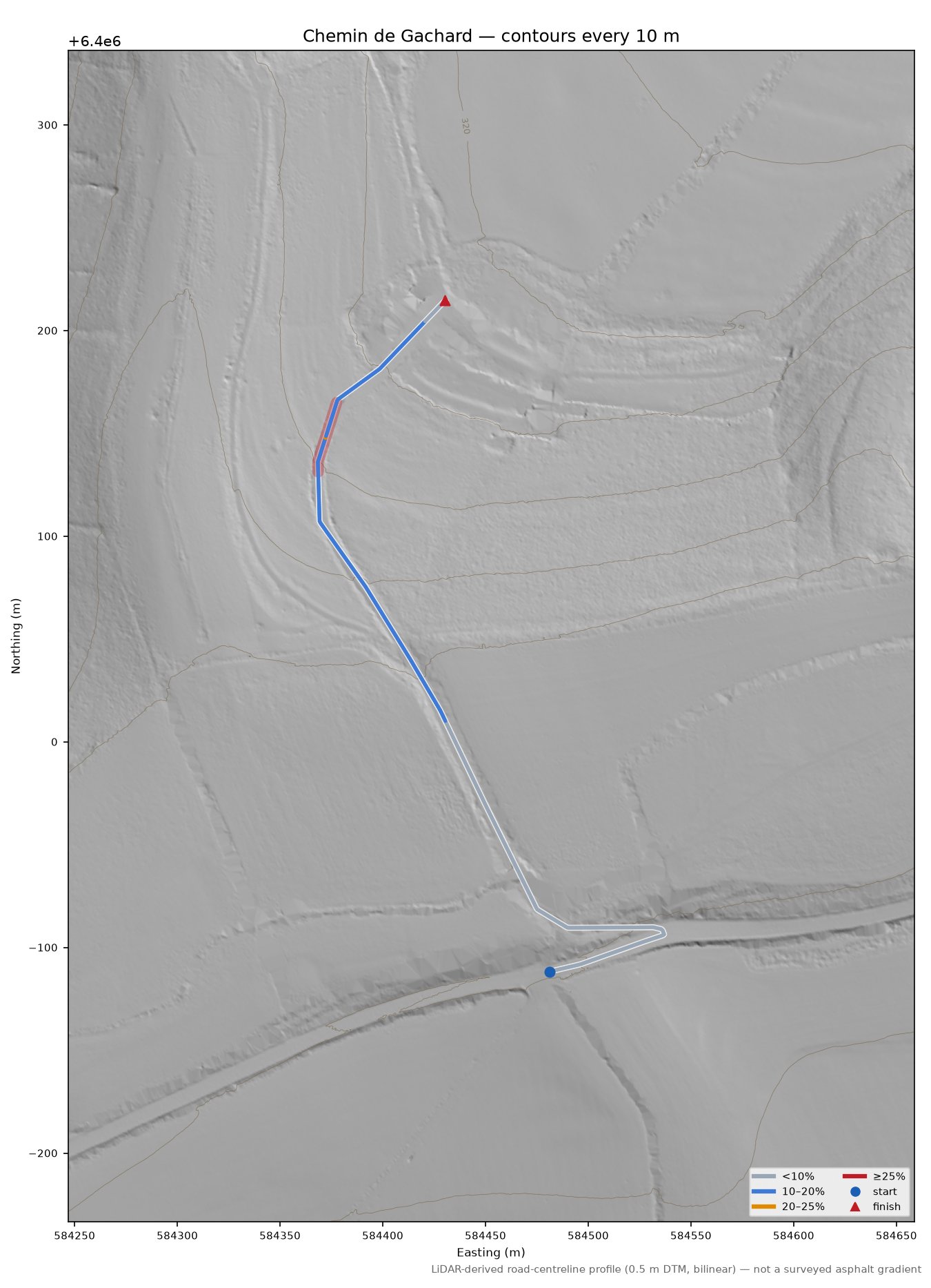 Chemin de Gachard LiDAR hillshade map with contours