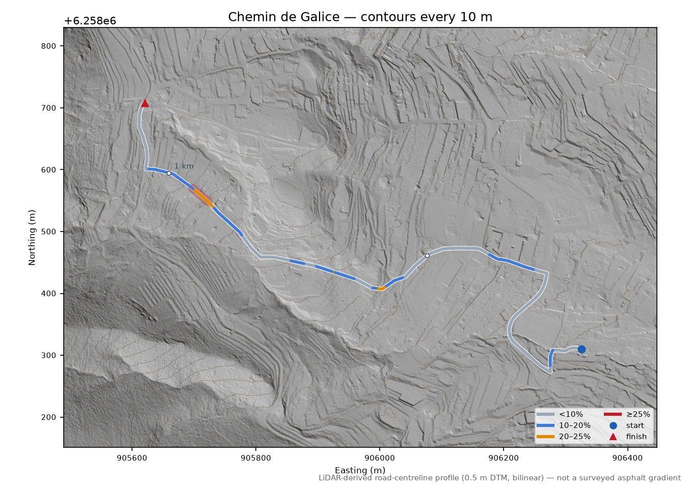 Chemin de Galice LiDAR hillshade map with contours