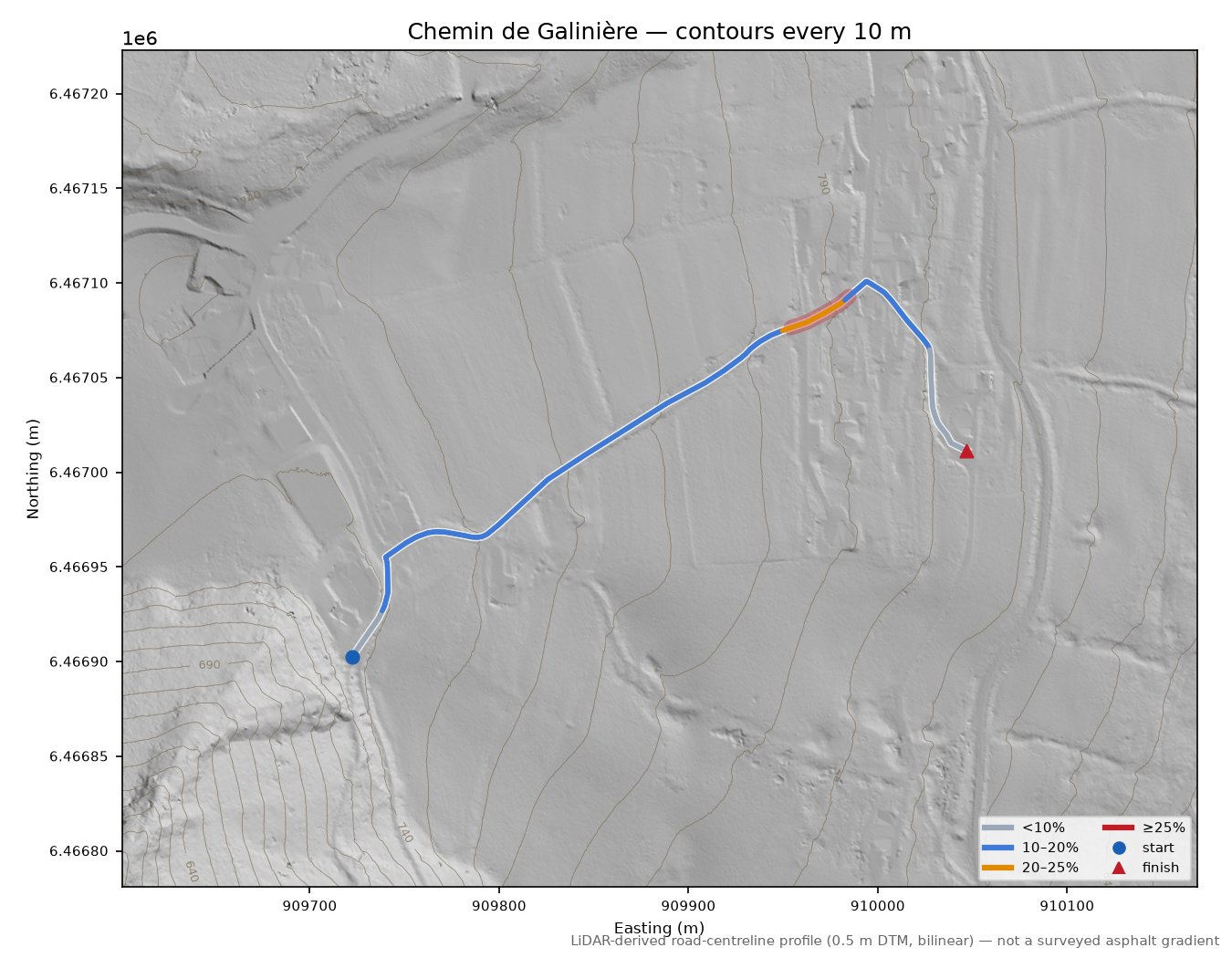 Chemin de Galinière LiDAR hillshade map with contours