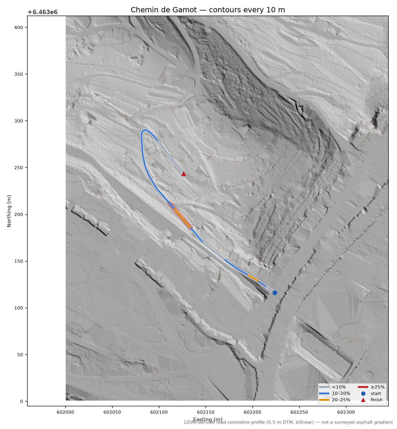 Chemin de Gamot LiDAR hillshade map with contours
