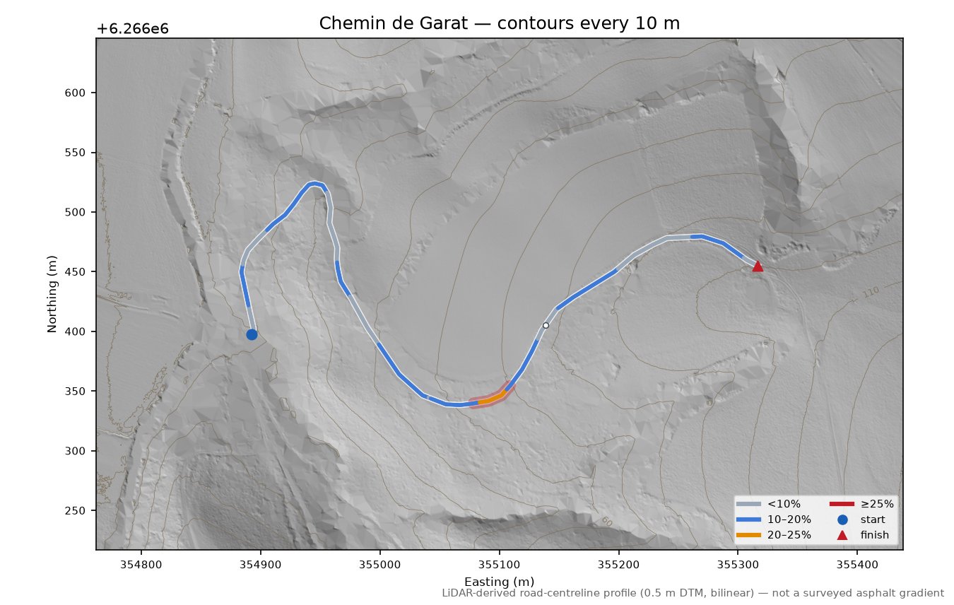 Chemin de Garat LiDAR hillshade map with contours
