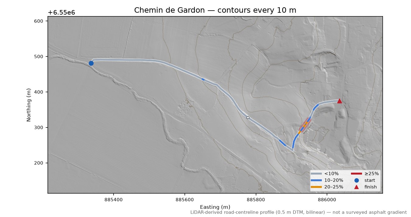 Chemin de Gardon LiDAR hillshade map with contours