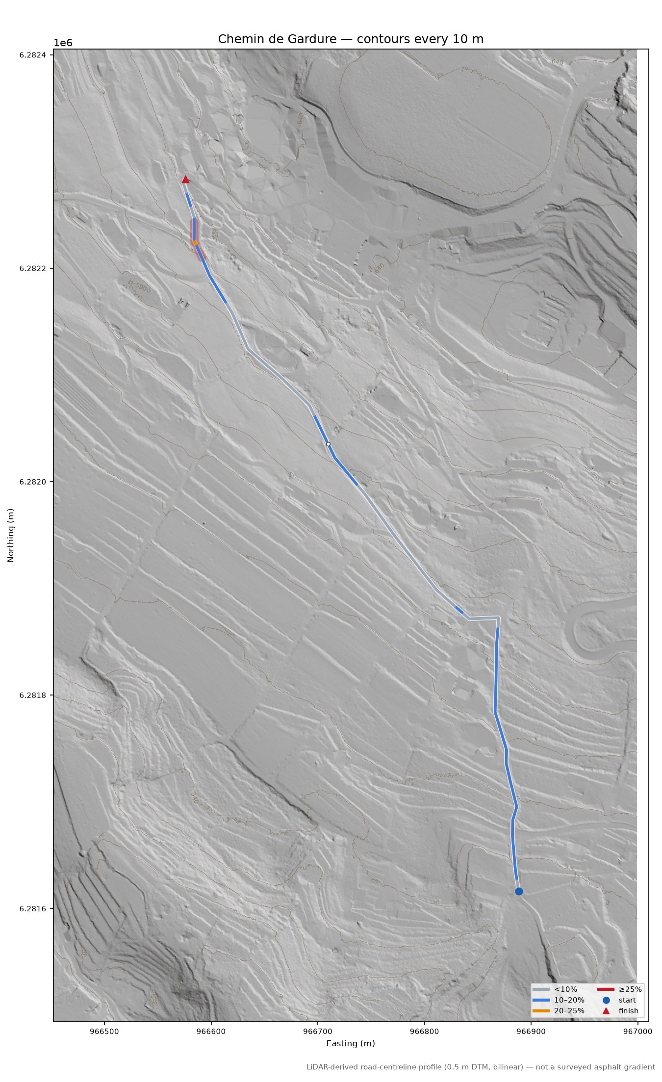 Chemin de Gardure LiDAR hillshade map with contours