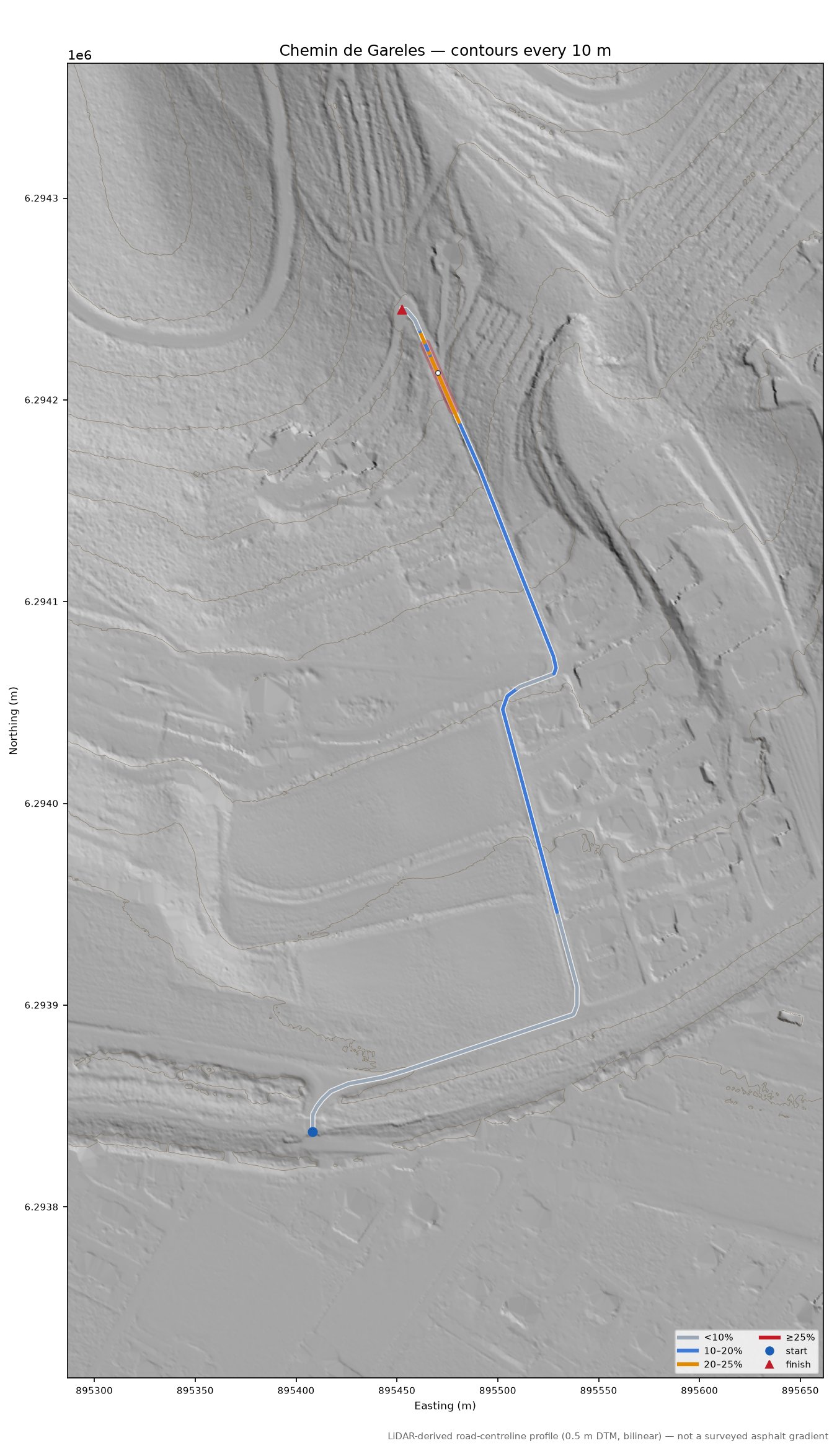 Chemin de Gareles LiDAR hillshade map with contours