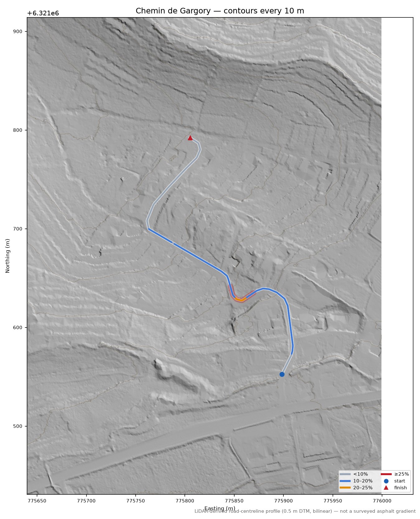 Chemin de Gargory LiDAR hillshade map with contours