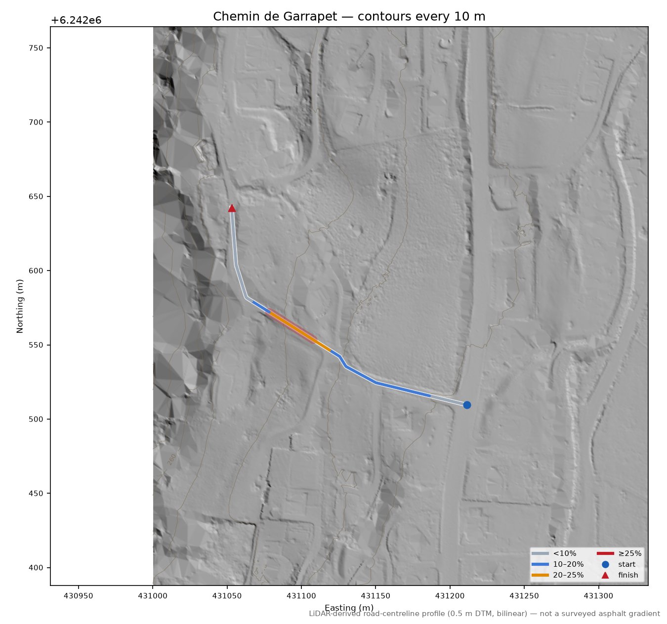 Chemin de Garrapet LiDAR hillshade map with contours