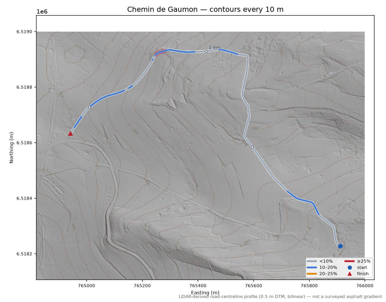 Col des Brosses LiDAR hillshade map with contours
