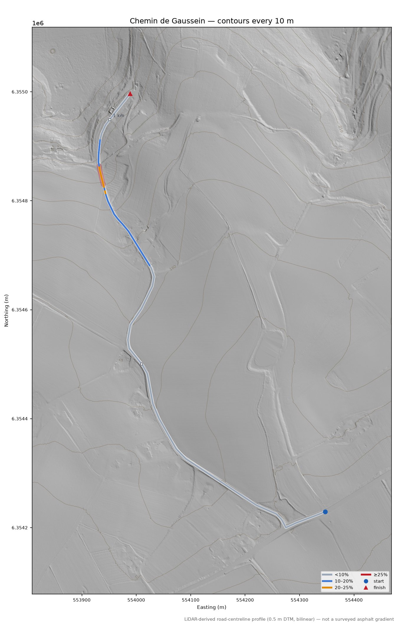 Chemin de Gaussein LiDAR hillshade map with contours