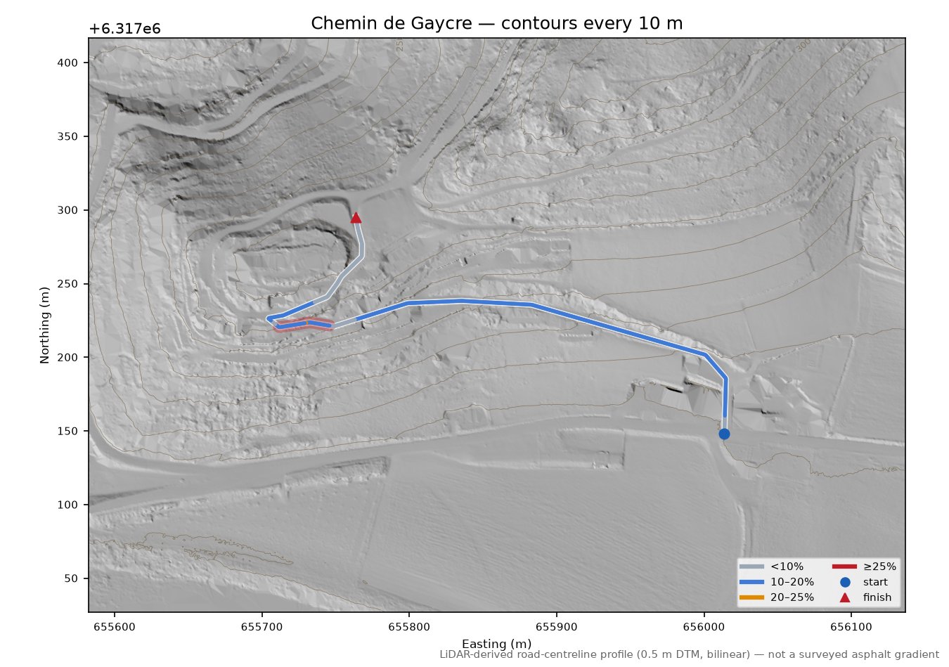 Chemin de Gaycre LiDAR hillshade map with contours