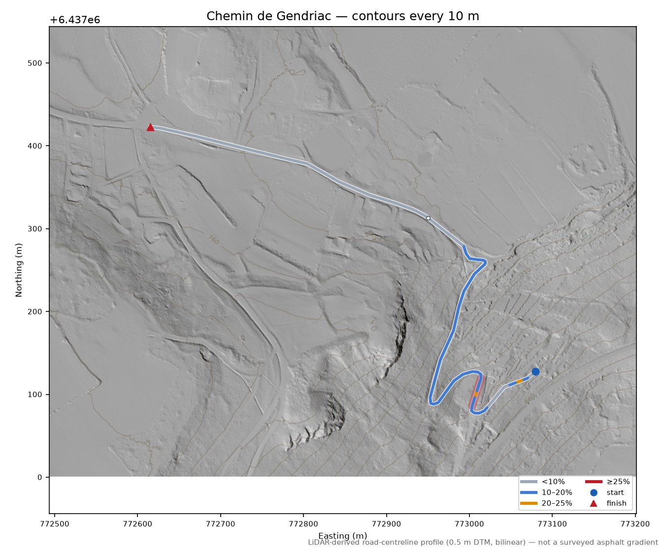 Chemin de Gendriac LiDAR hillshade map with contours