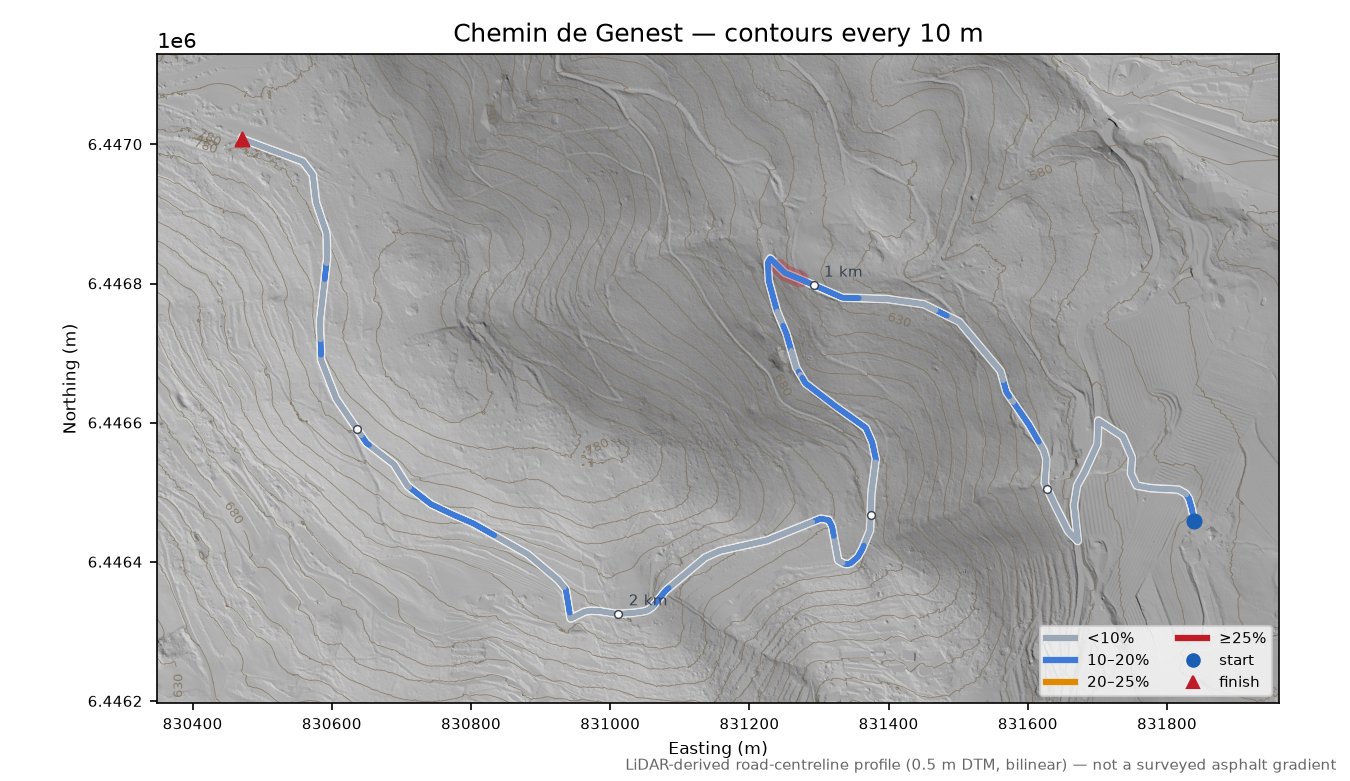 Chemin de Genest LiDAR hillshade map with contours