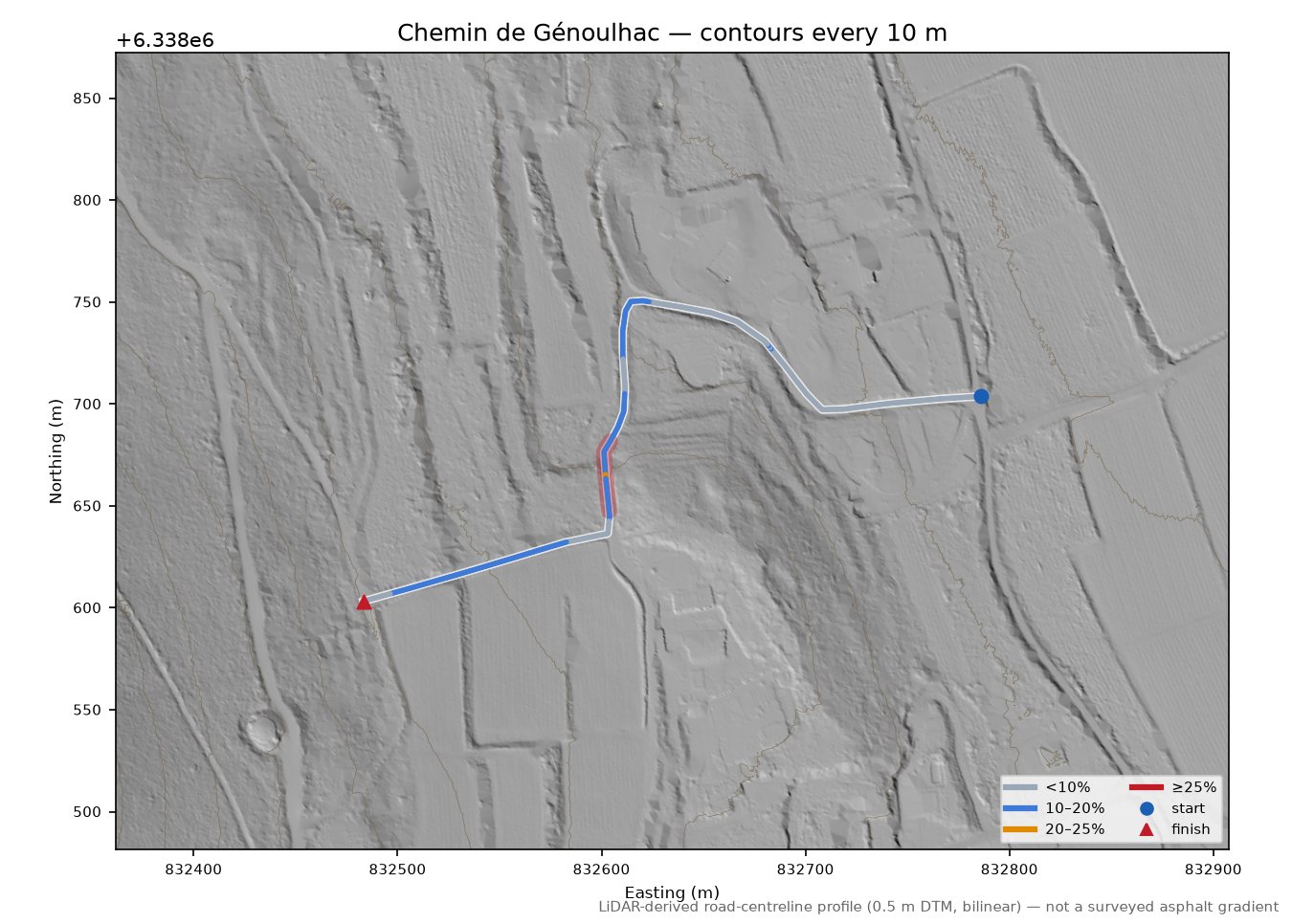Chemin de Génoulhac LiDAR hillshade map with contours