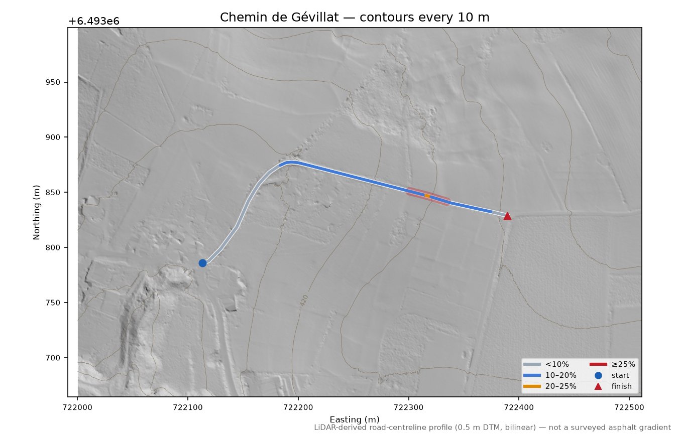Chemin de Gévillat LiDAR hillshade map with contours
