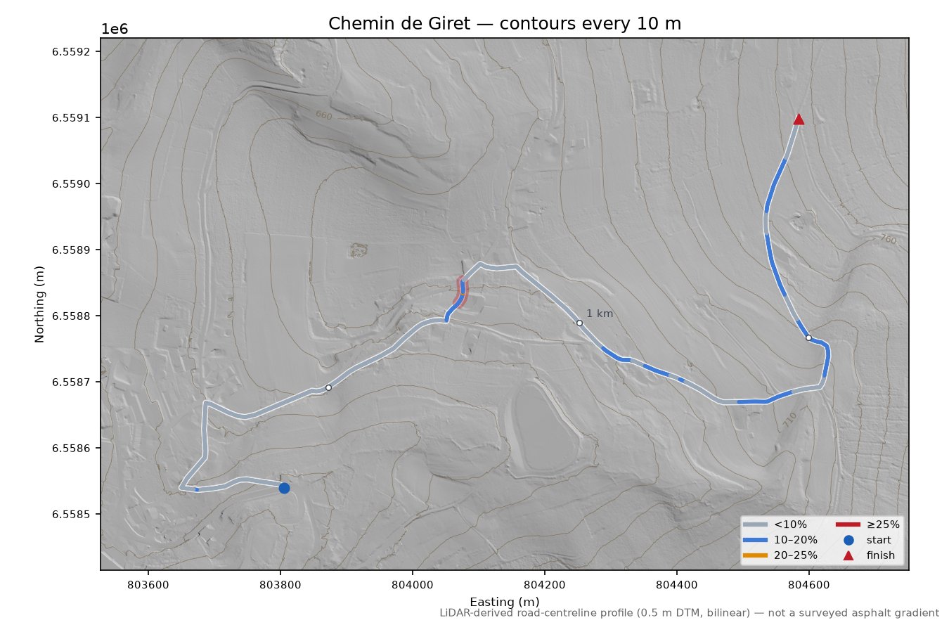 Chemin de Giret LiDAR hillshade map with contours