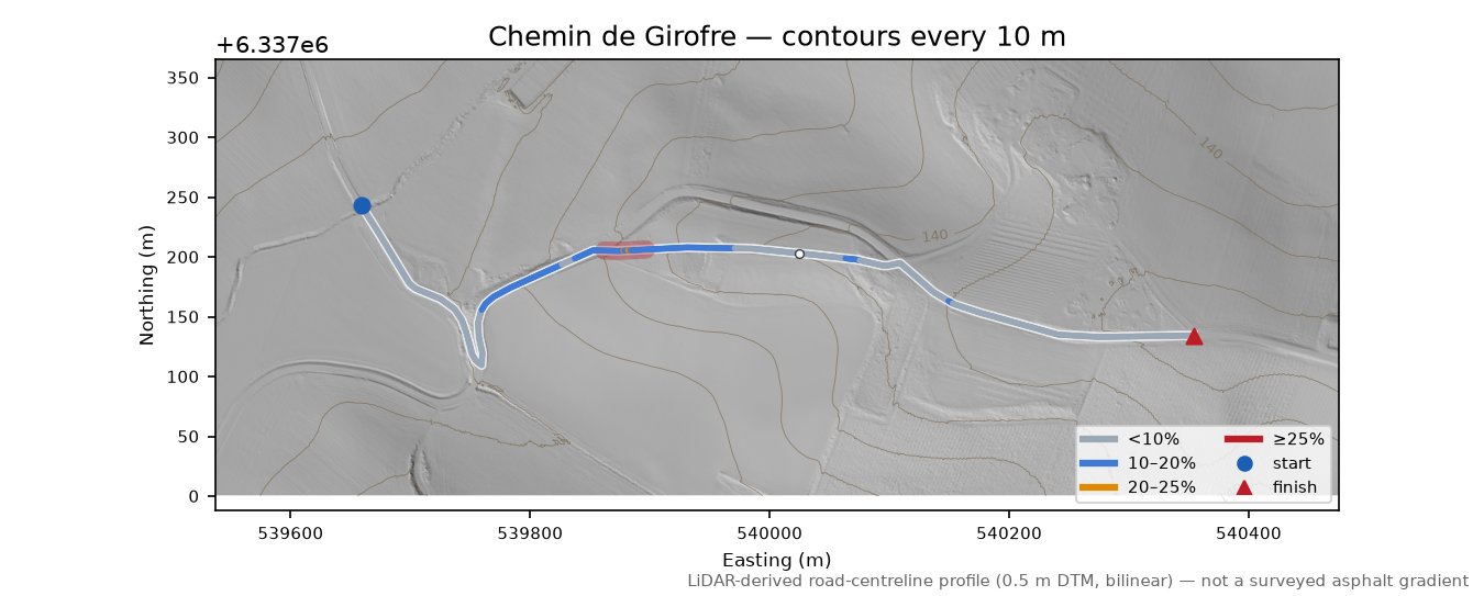 Chemin de Girofre LiDAR hillshade map with contours