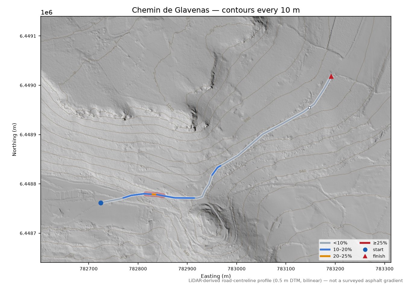 Chemin de Glavenas LiDAR hillshade map with contours