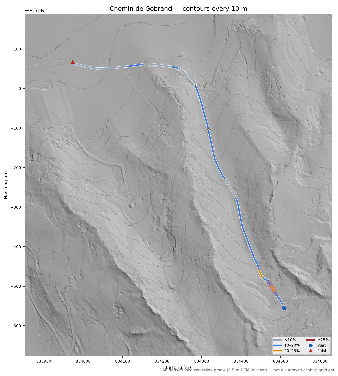 Chemin de Gobrand LiDAR hillshade map with contours