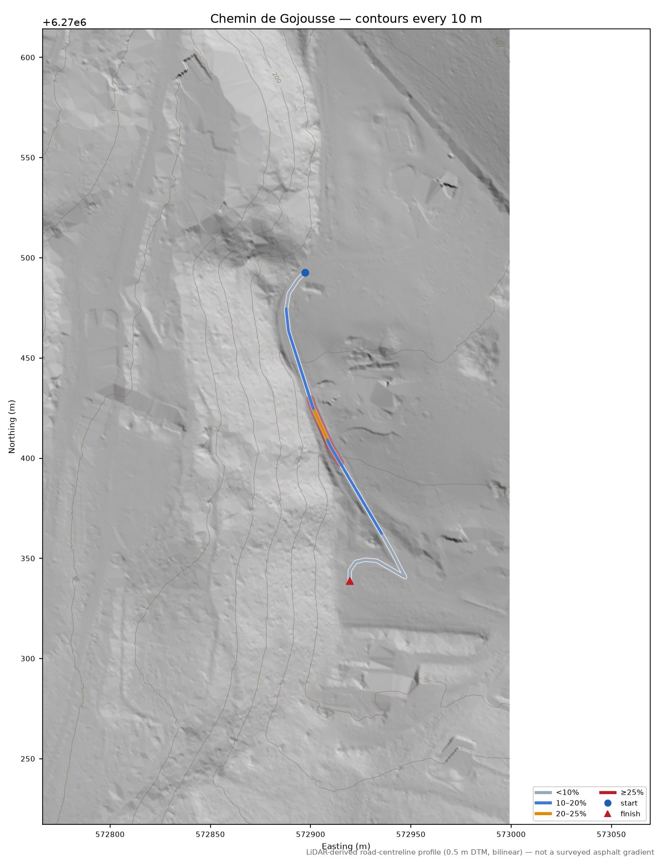 Chemin de Gojousse LiDAR hillshade map with contours