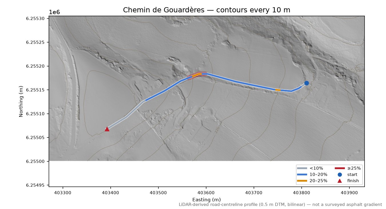 Chemin de Gouardères LiDAR hillshade map with contours