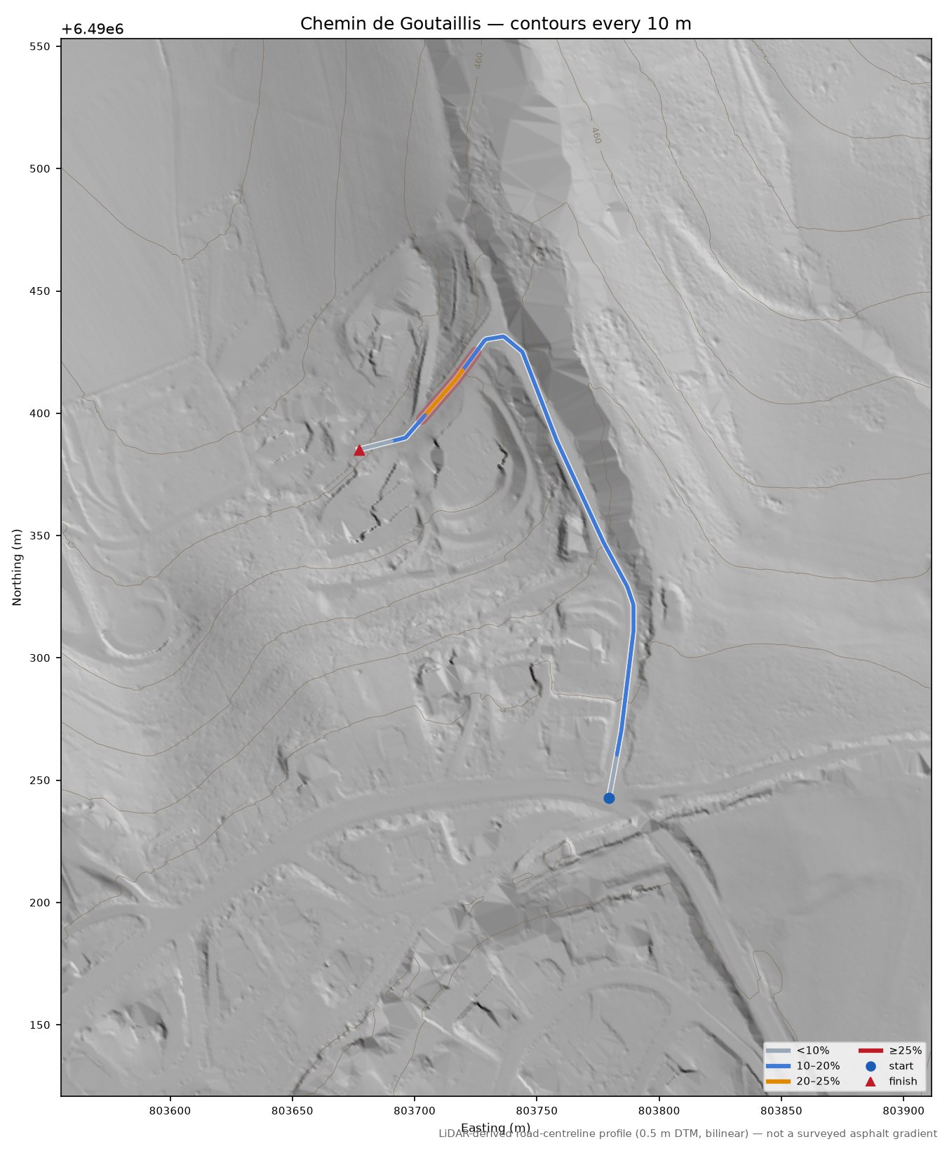 Chemin de Goutaillis LiDAR hillshade map with contours
