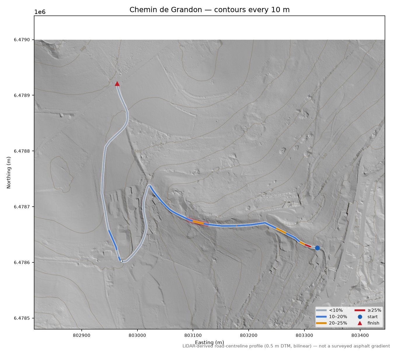 Chemin de Grandon LiDAR hillshade map with contours