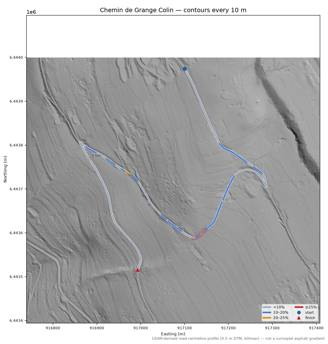 Chemin de Grange Colin LiDAR hillshade map with contours