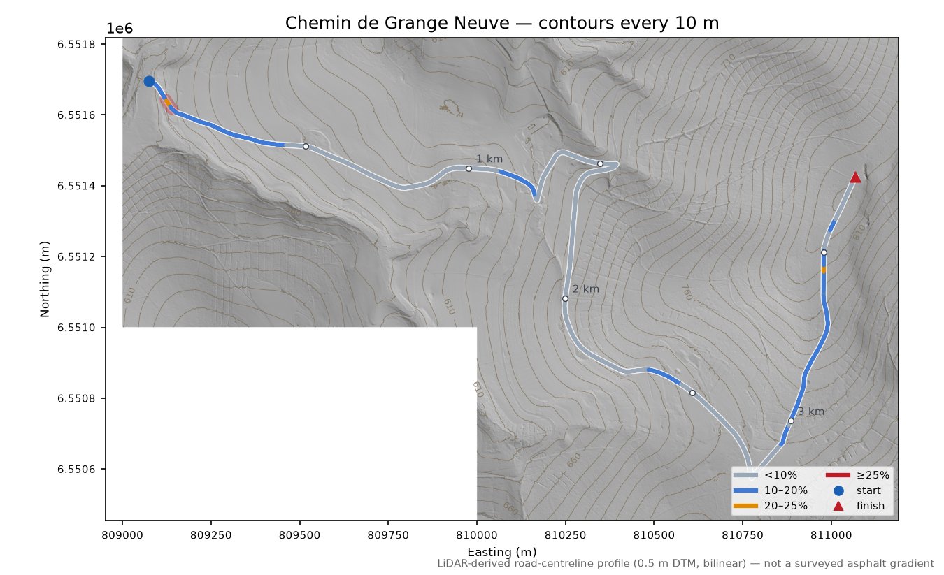Chemin de Grange Neuve LiDAR hillshade map with contours