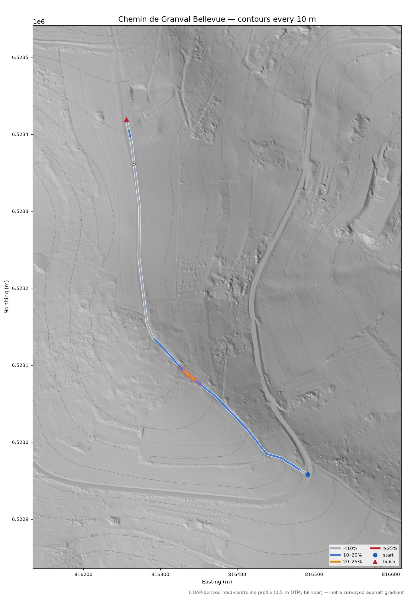 Chemin de Granval Bellevue LiDAR hillshade map with contours