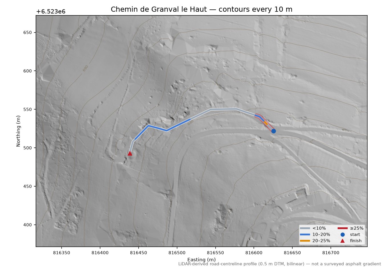 Chemin de Granval le Haut LiDAR hillshade map with contours