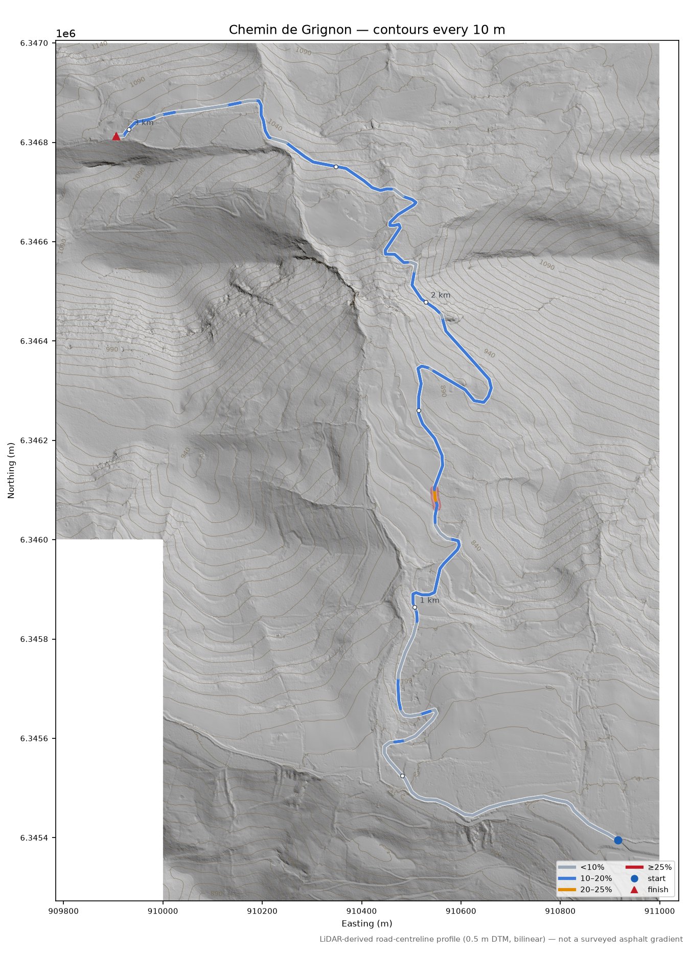 Chemin de Grignon LiDAR hillshade map with contours