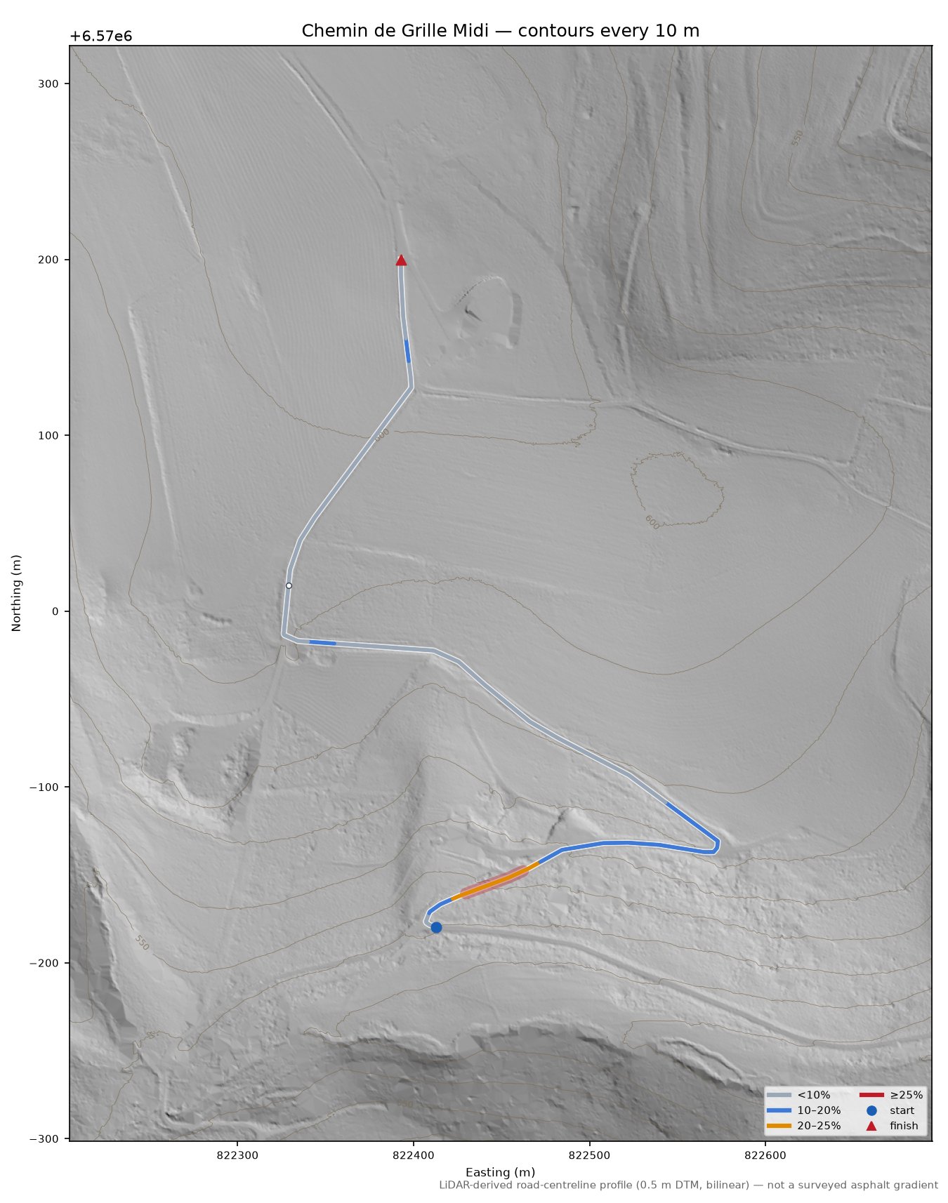 Chemin de Grille Midi LiDAR hillshade map with contours
