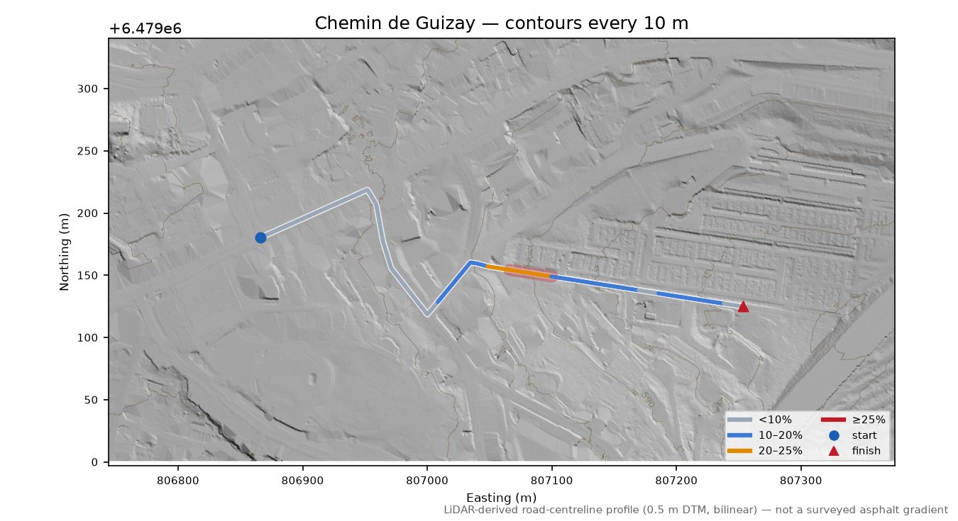 Chemin de Guizay LiDAR hillshade map with contours