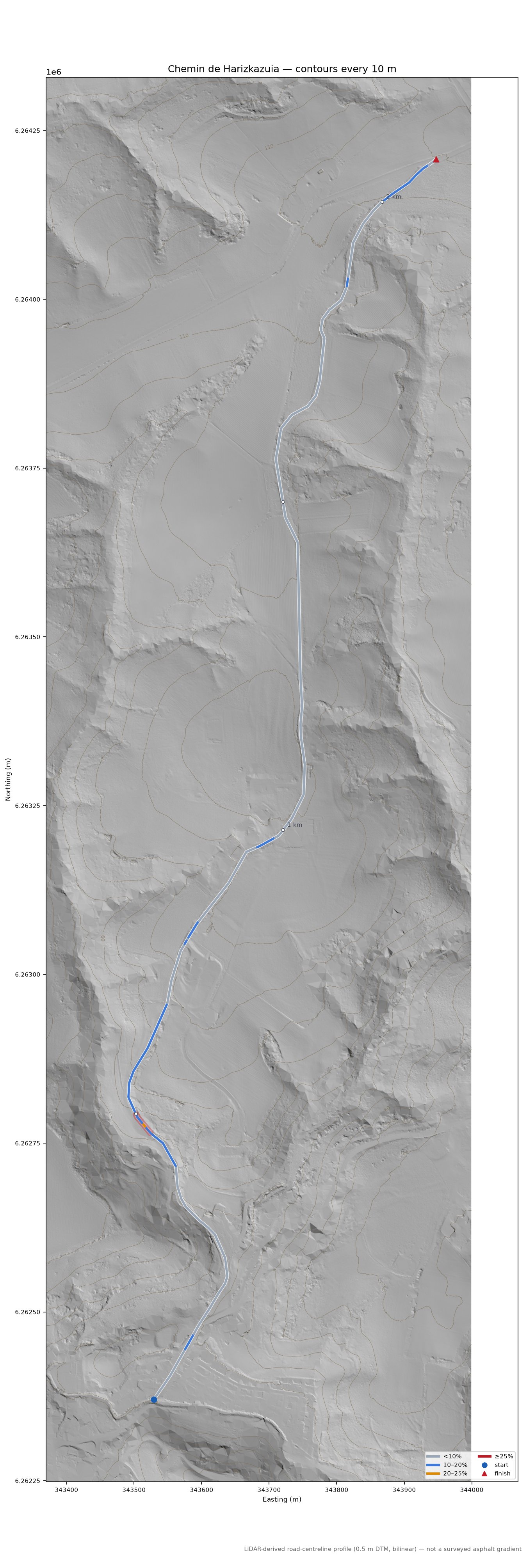 Chemin de Harizkazuia LiDAR hillshade map with contours