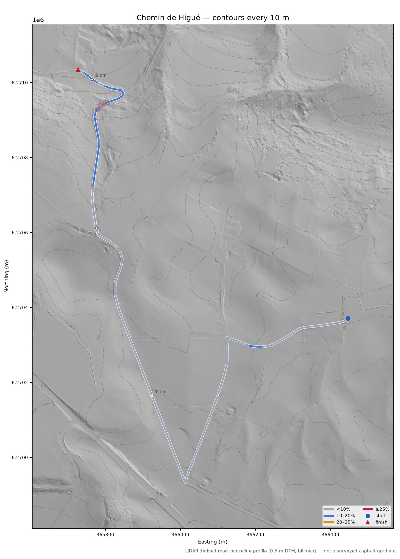 Chemin de Higué LiDAR hillshade map with contours