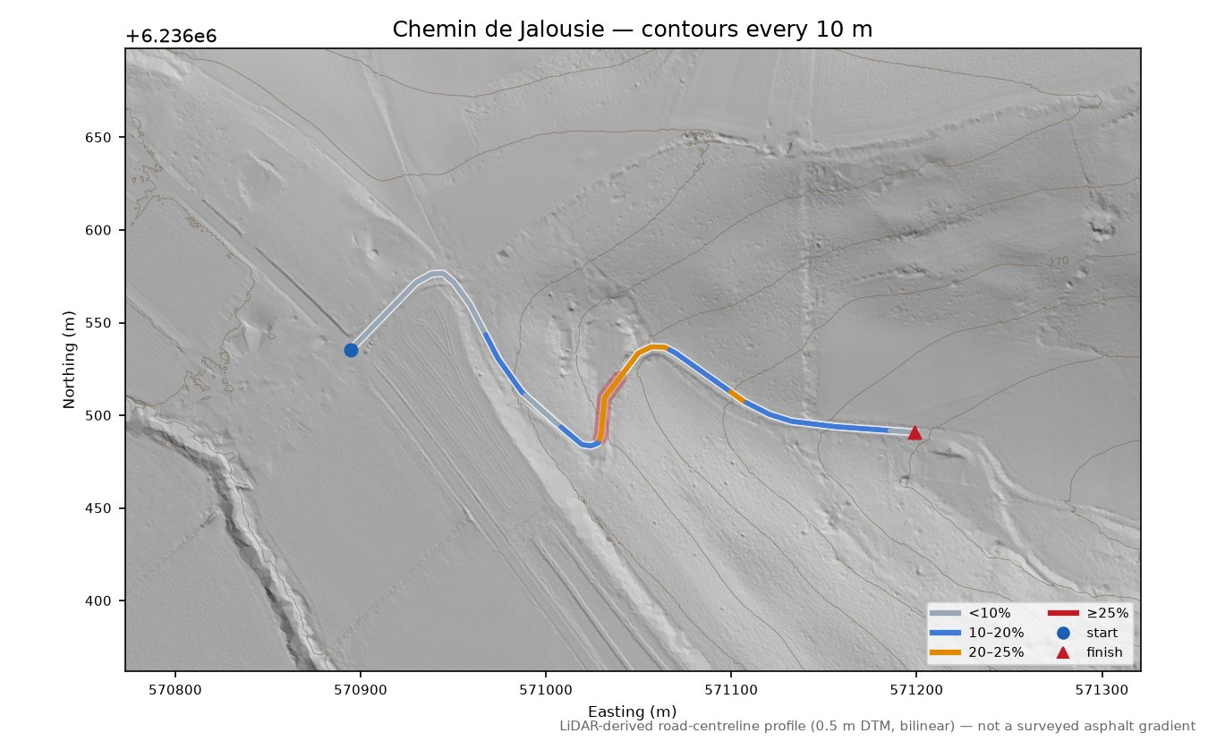 Chemin de Jalousie LiDAR hillshade map with contours