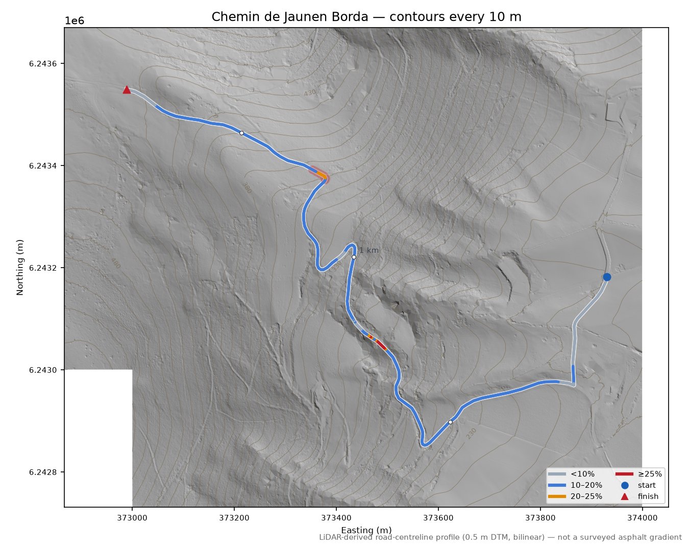 Chemin de Jaunen Borda LiDAR hillshade map with contours