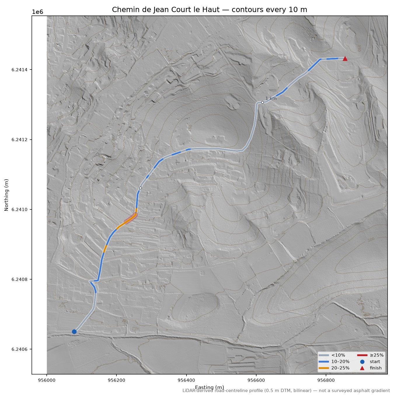 Chemin de Jean Court le Haut LiDAR hillshade map with contours