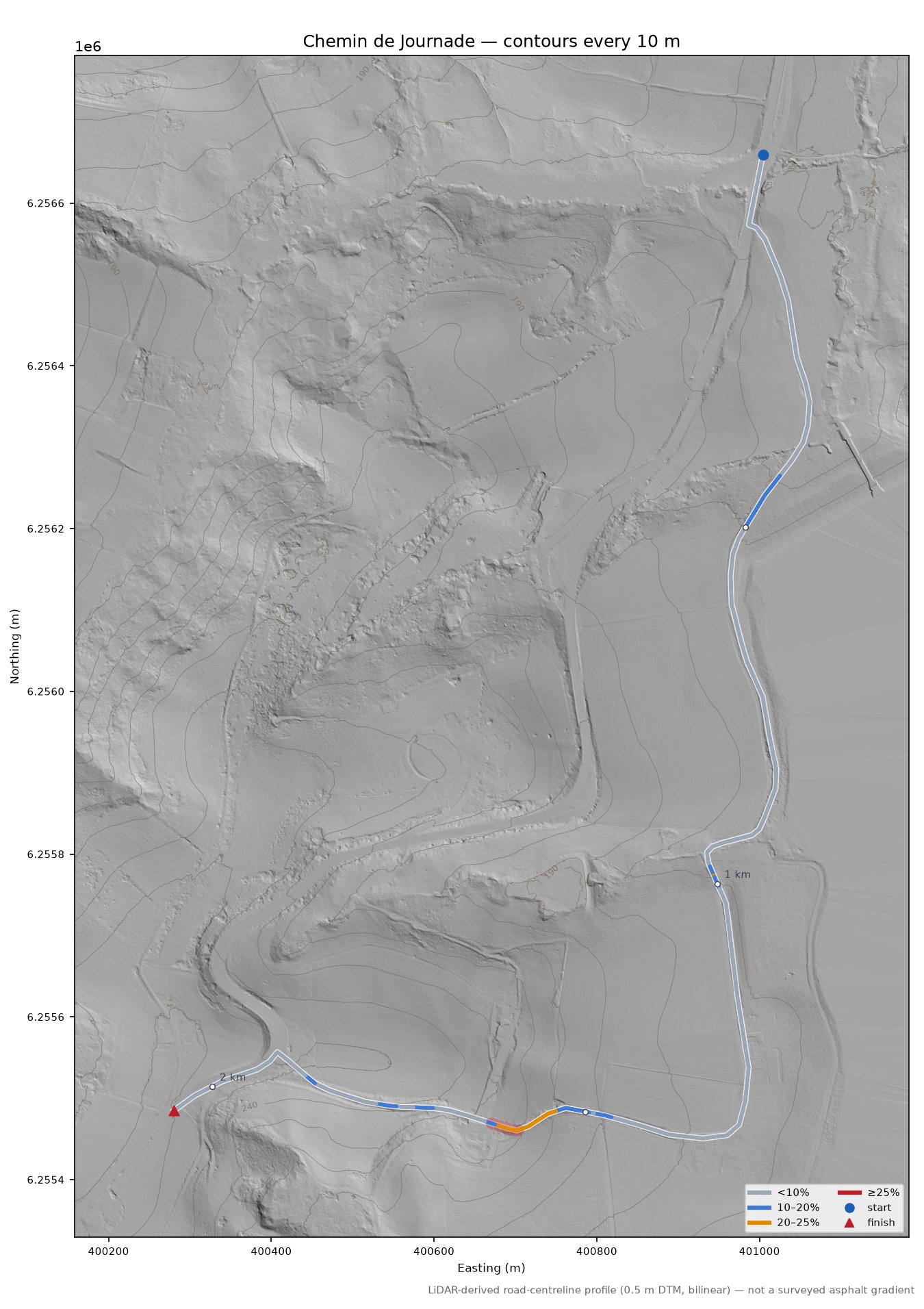 Chemin de Journade LiDAR hillshade map with contours