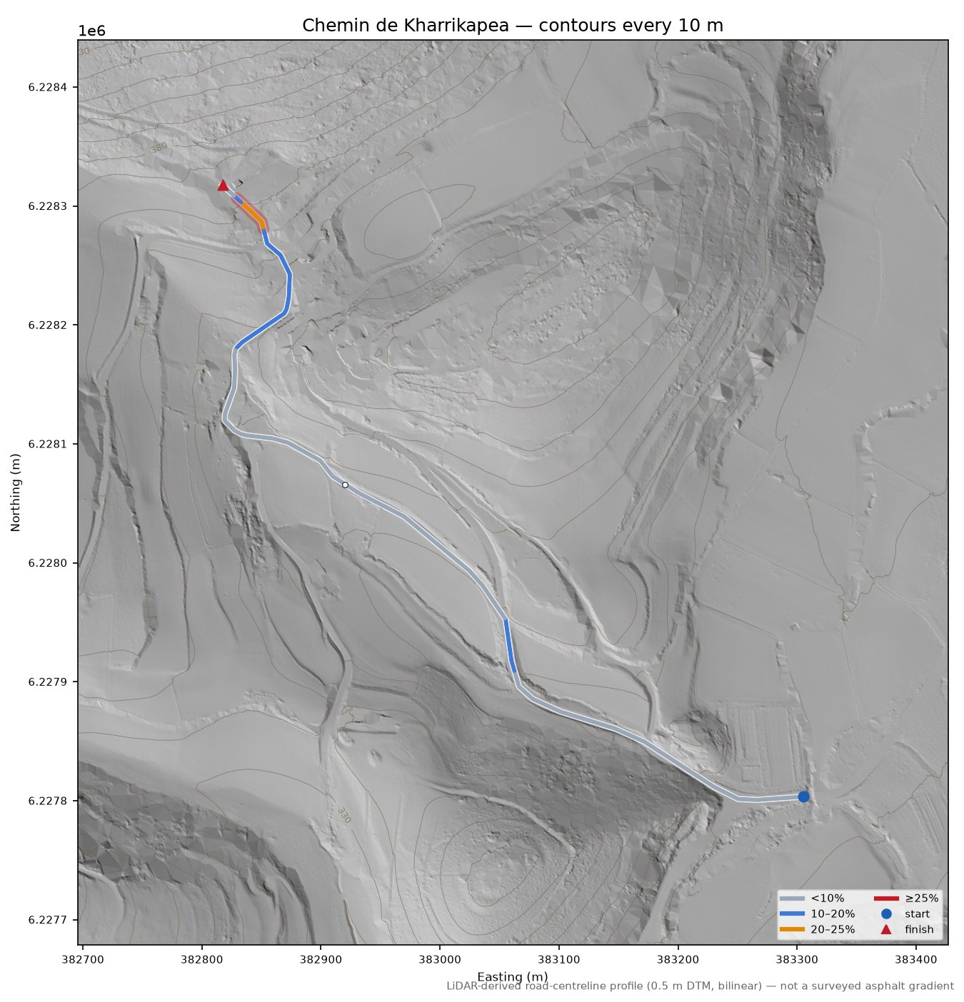Chemin de Kharrikapea LiDAR hillshade map with contours