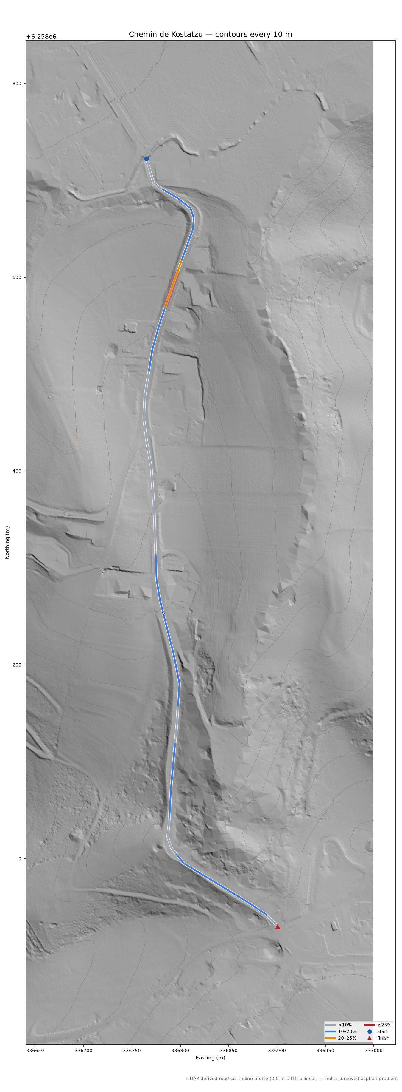 Chemin de Kostatzu LiDAR hillshade map with contours