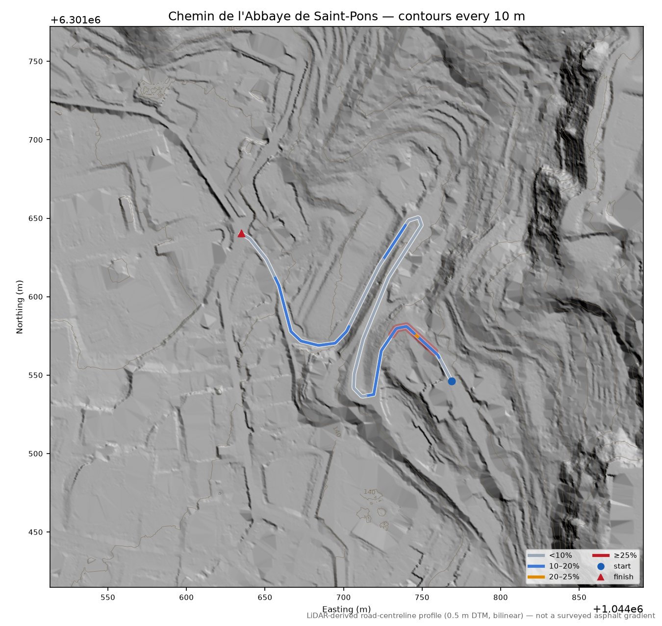 Chemin de l'Abbaye de Saint-Pons LiDAR hillshade map with contours