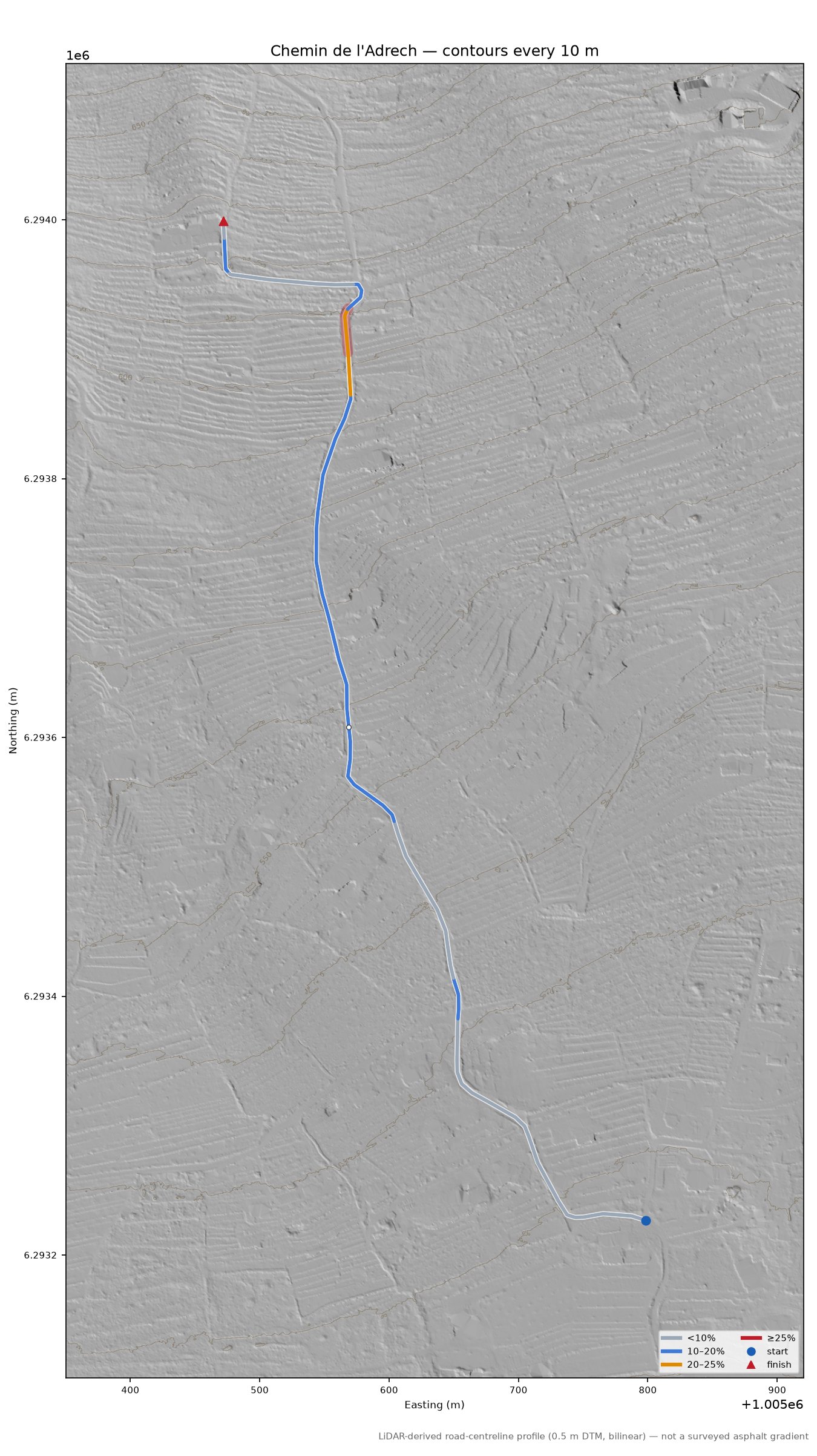 Chemin de l'Adrech LiDAR hillshade map with contours