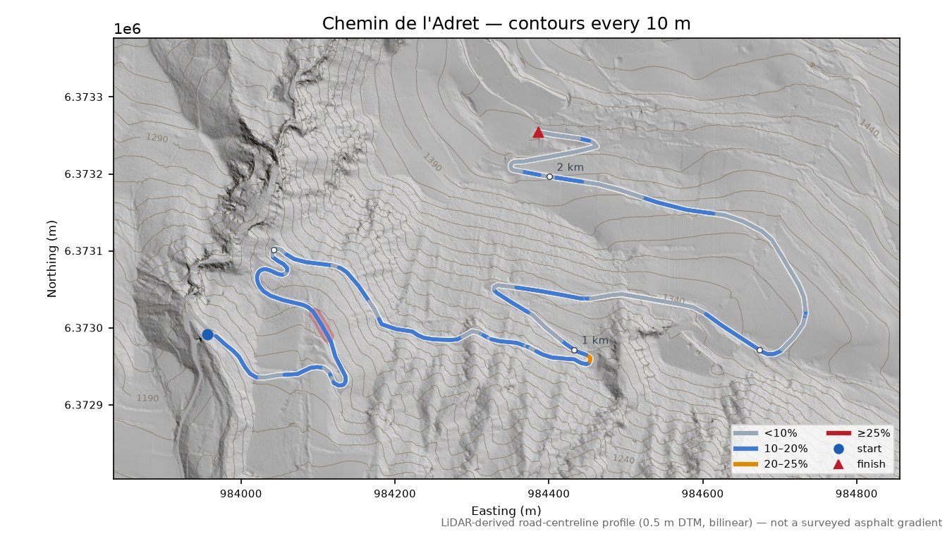 Chemin de l'Adret LiDAR hillshade map with contours