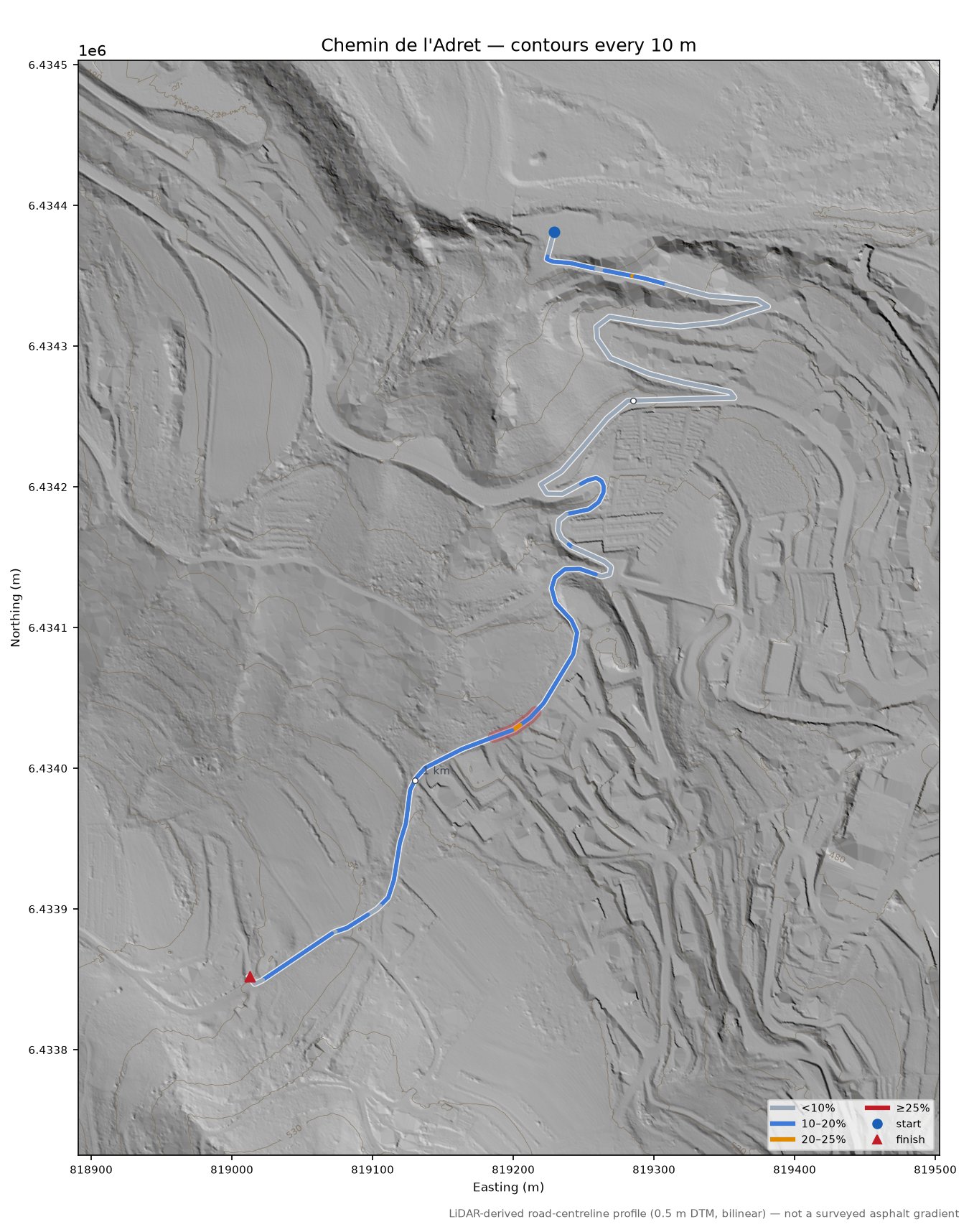 Chemin de l'Adret LiDAR hillshade map with contours